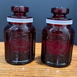 Wheaton Ruby Red Glass Sunflower Apothecary Jars Set of 2 Mid Century